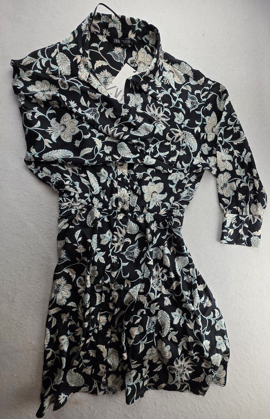 Zara Black Floral Long Sleeve Mini Dress Size Medium NWT
